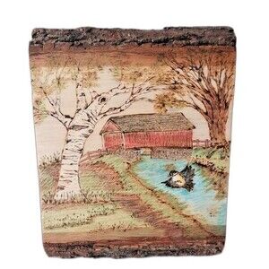 Red Covered Bridge Painted on Solid Etched Wood Plaque Rustic Folk Art Signed